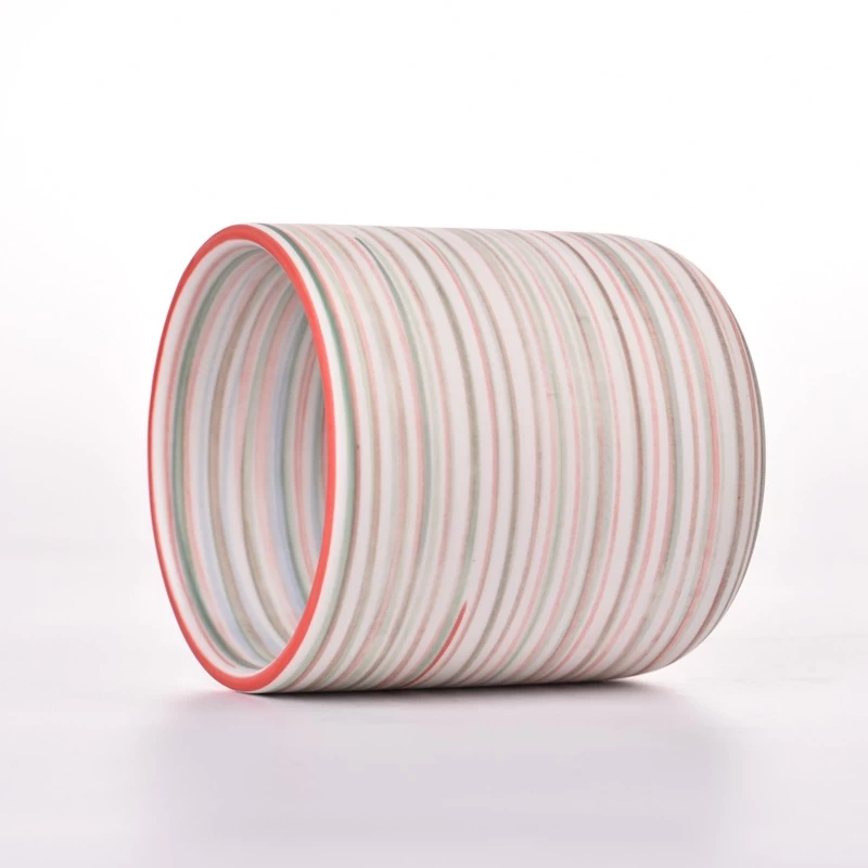 Popular colorful annular line deco on the popular shape ceramic candle jar for home deco