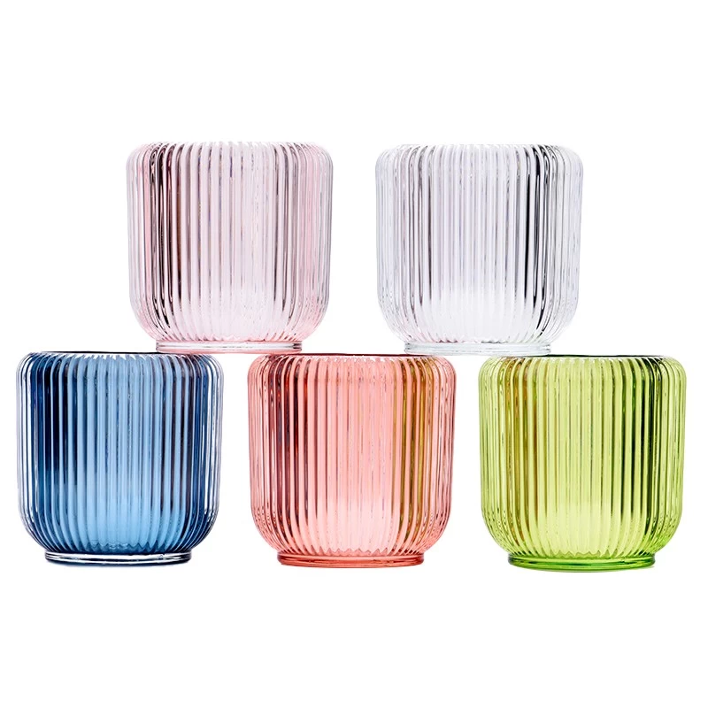 Wholesale cutomized color on newly design 8oz vertical line glass candle holder for wedding 