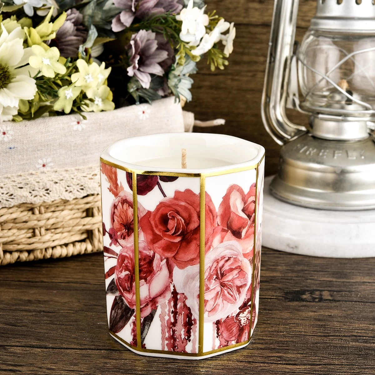 Luxury decorative hexagon applique printing ceramic candle jar wedding decor
