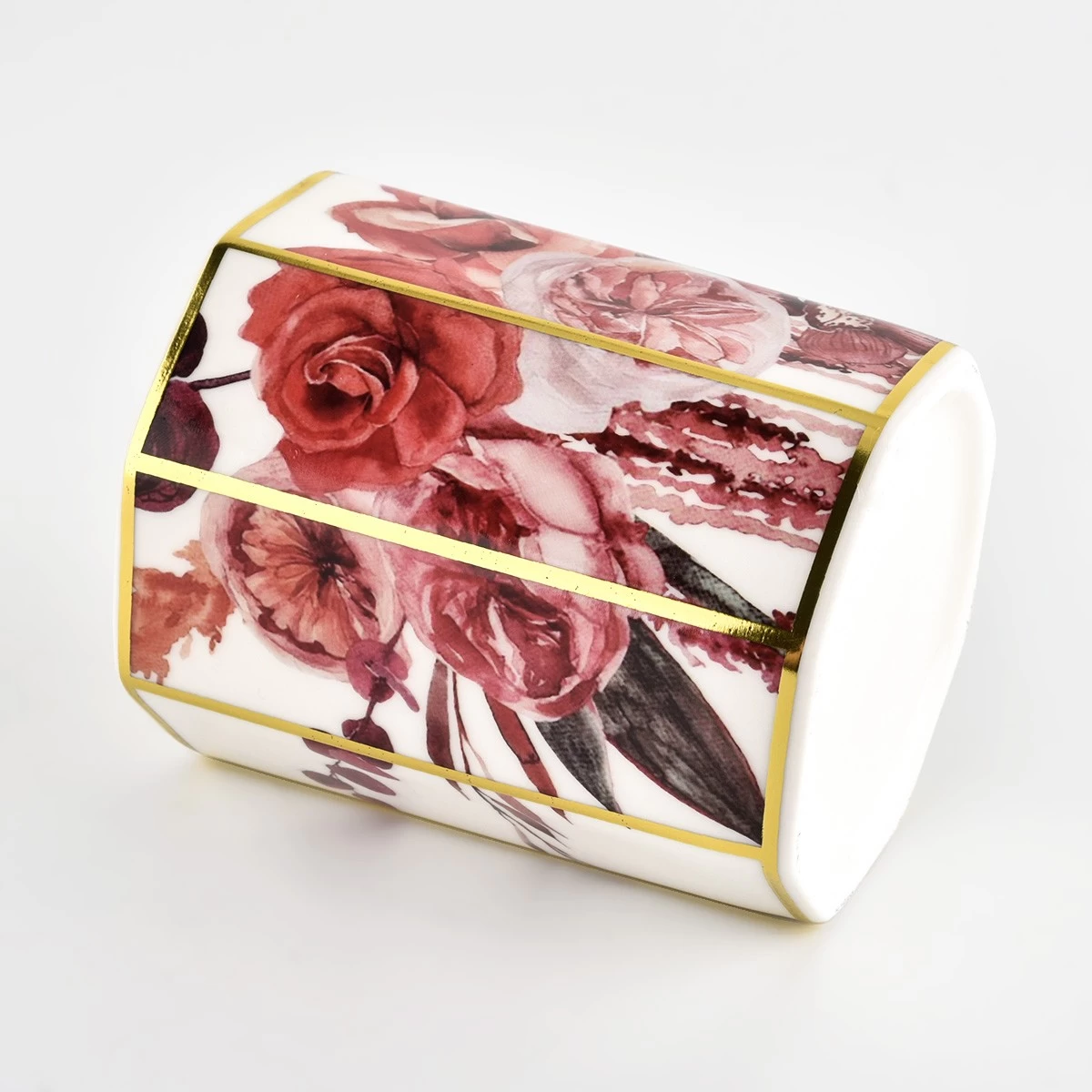 Luxury decorative hexagon applique printing ceramic candle jar wedding decor
