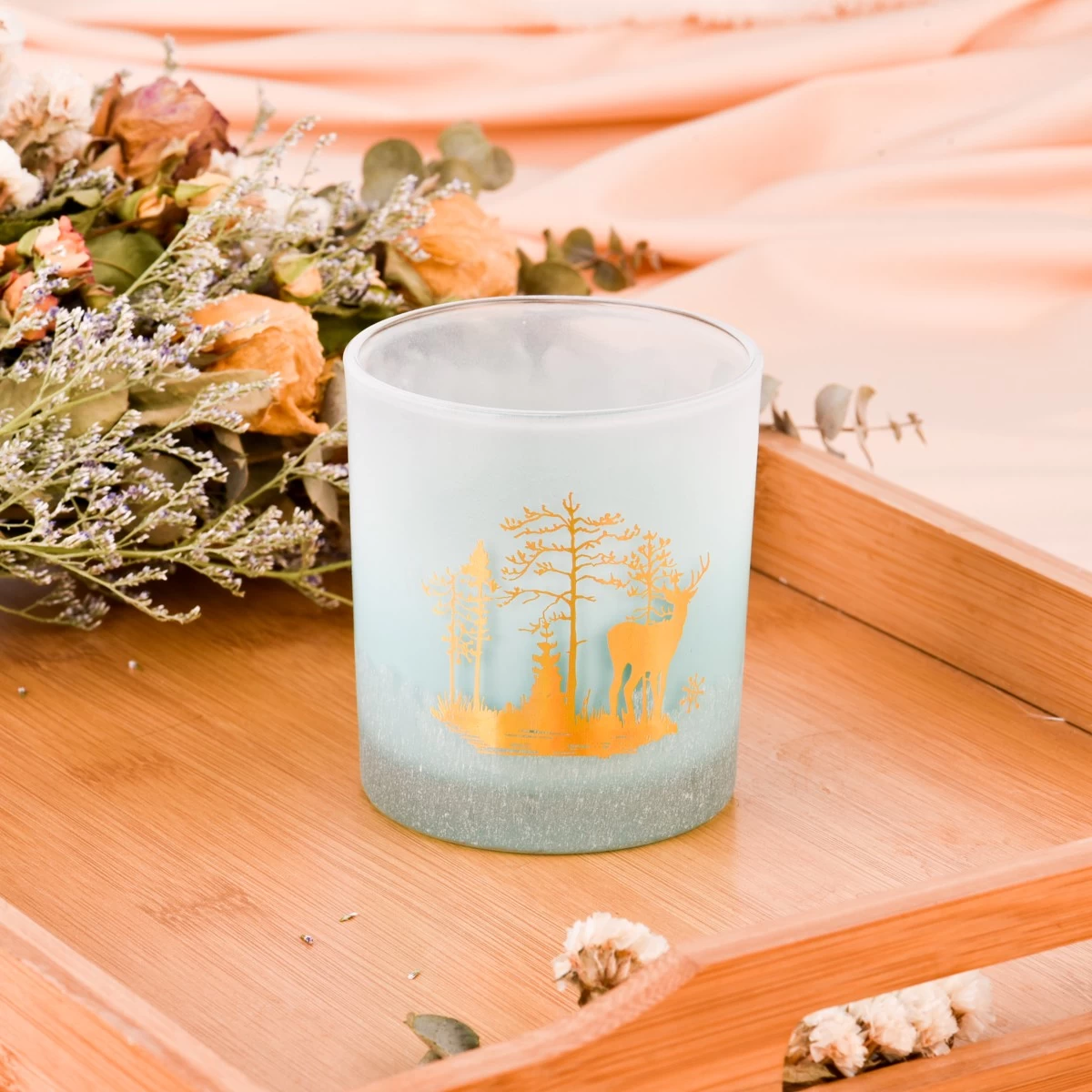 blue color glass candle vessel with laser engraved logo wholesale