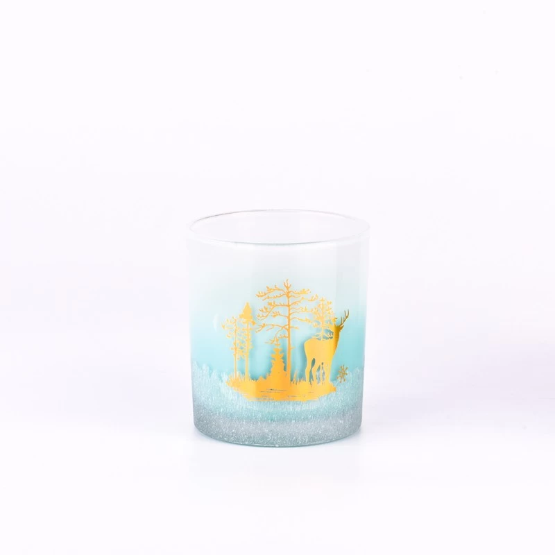 Wholesale gradient blue color with gold christmas pattern on the 8oz glass candle holder for home deco