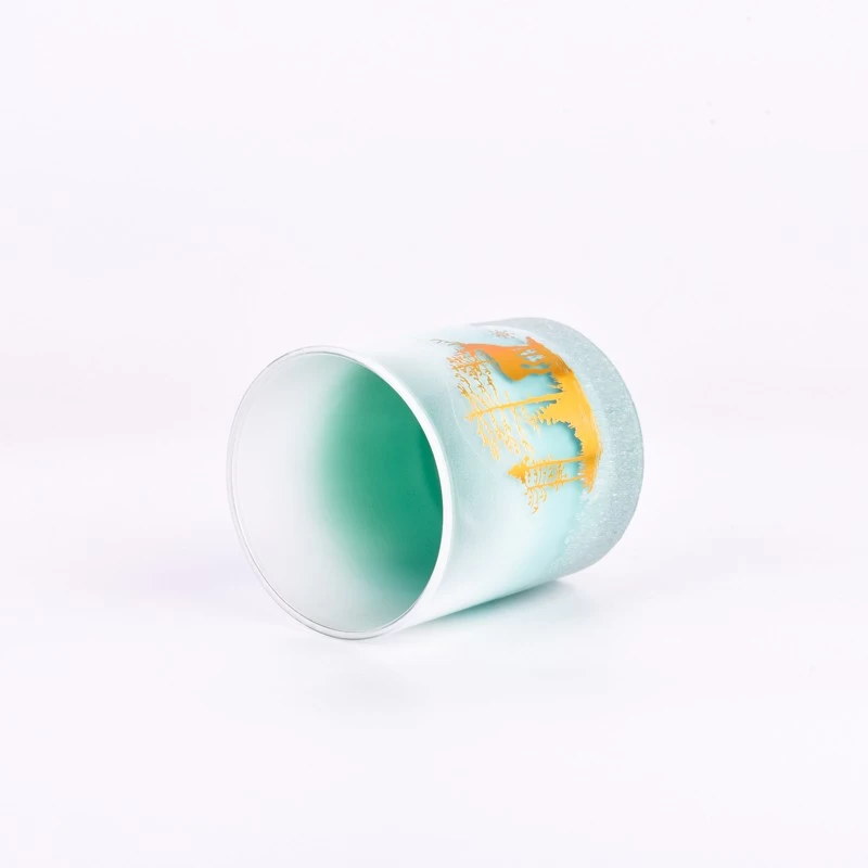 Wholesale gradient blue color with gold christmas pattern on the 8oz glass candle holder for home deco