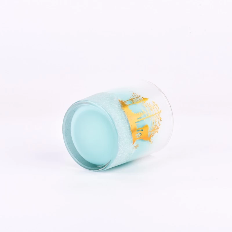 Wholesale gradient blue color with gold christmas pattern on the 8oz glass candle holder for home deco