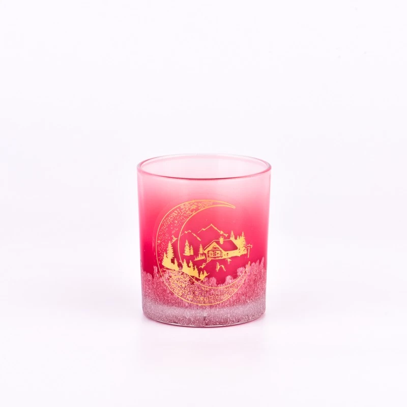 Popular gradient pink color with gold customized pattern on the 300ml glass candle holder for wholesale