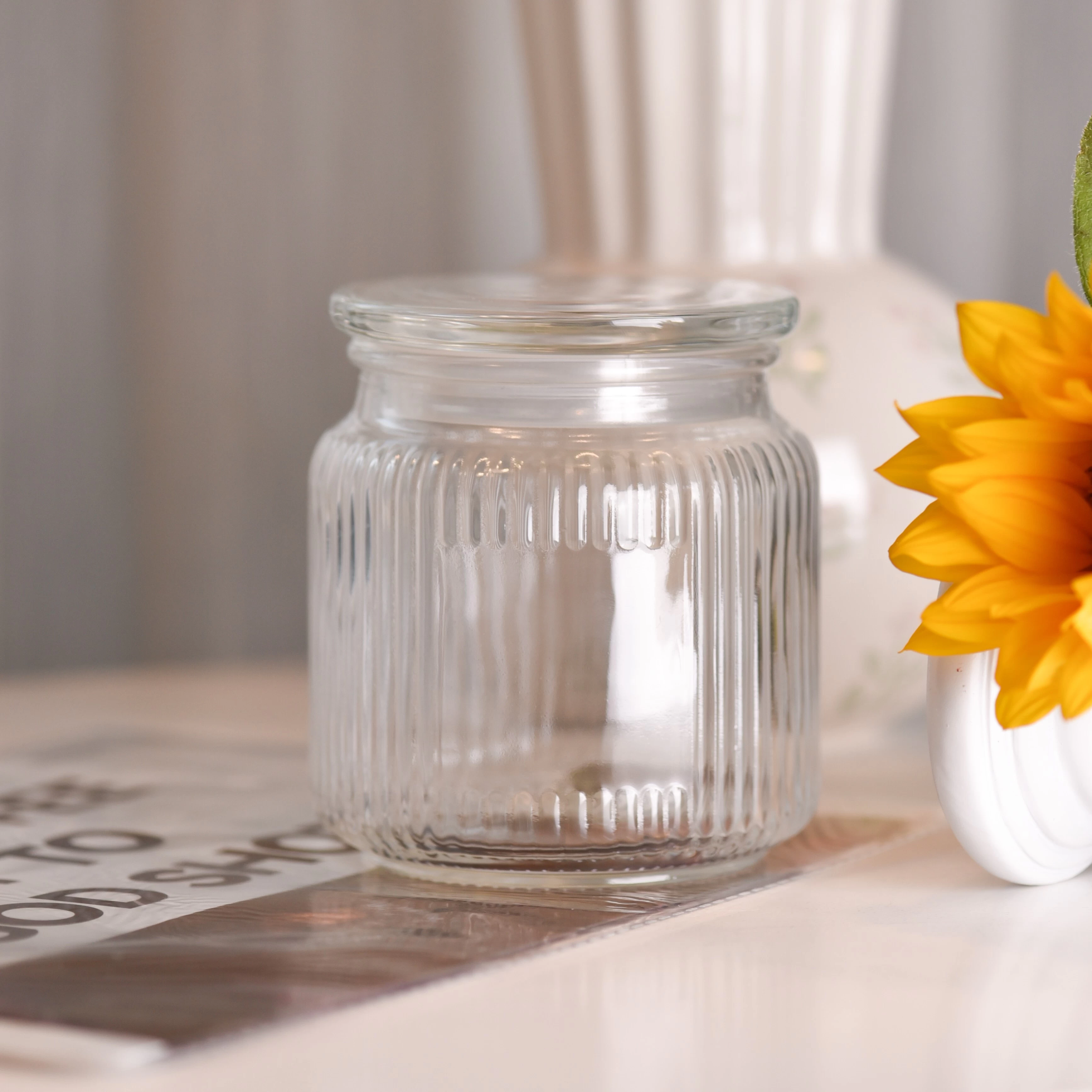 21oz vertical striped clear large glass candle jar with lid