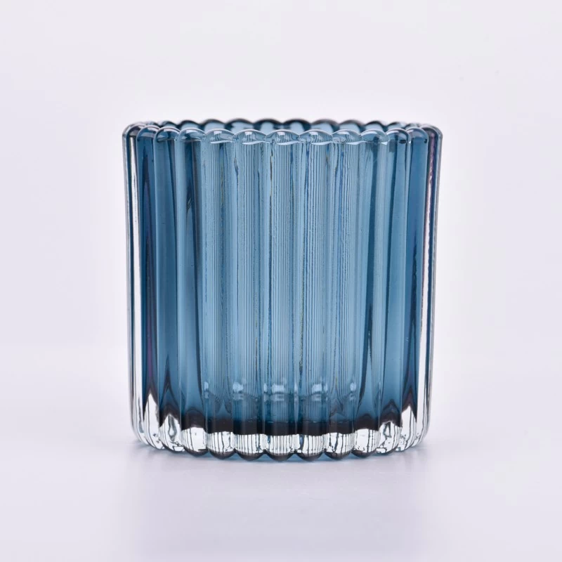 Wholesale Modern Ribbed Glass Candle Vessels with blue color decor