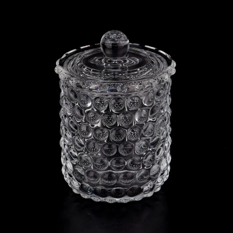 Newly wholesale 8oz 10oz customized pattern glass candle holder with match lids  for home deco