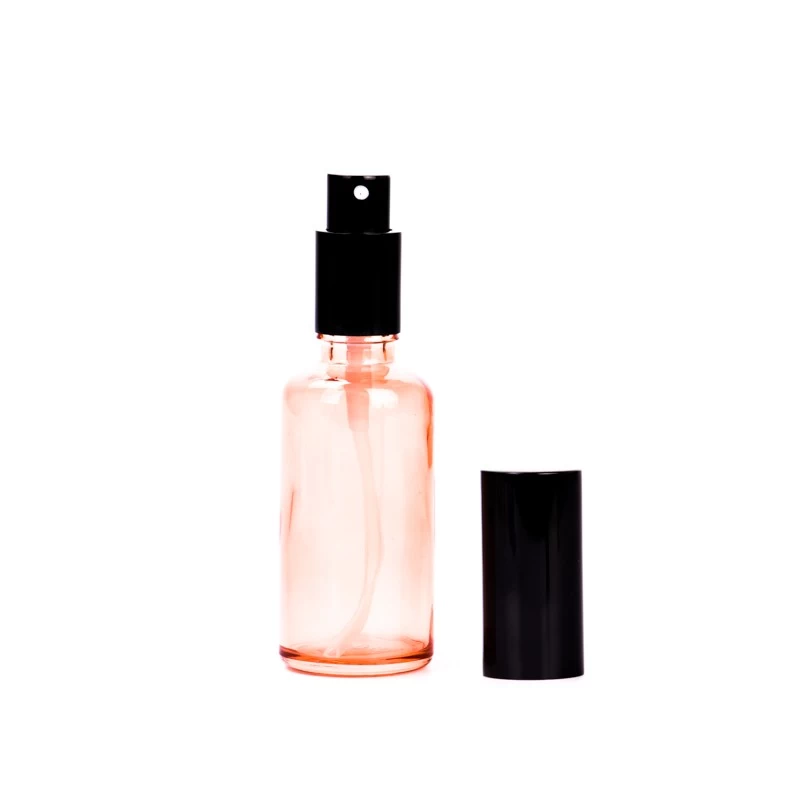 Luxury 50ml-100ml shiny pink glass bottle with shiny black cap  for supplier