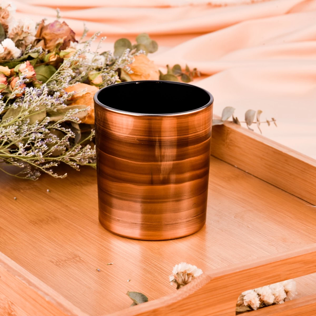 Wholesale custom handmade metal inside black with rose gold outside glass candle jar