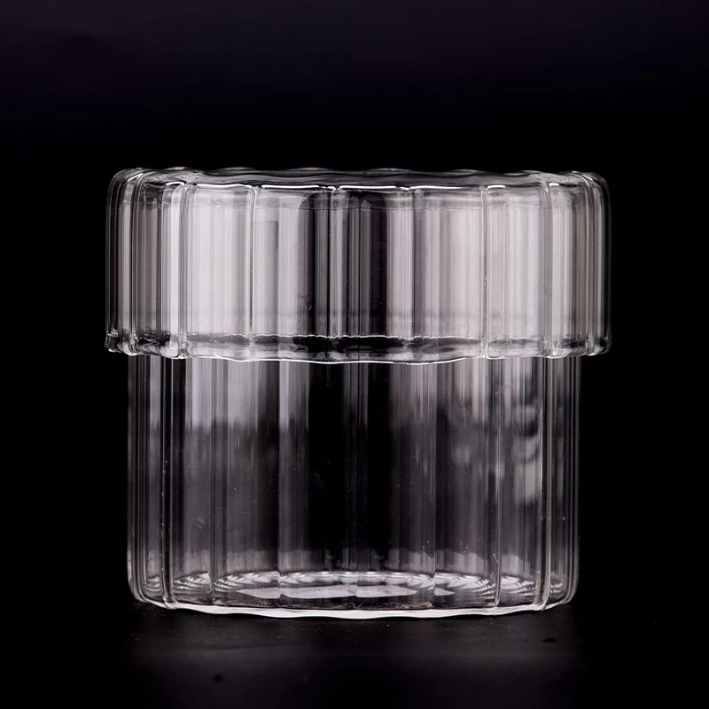 Hot sale 8oz 10oz vertical line glass candle holder with matched lids for supplier