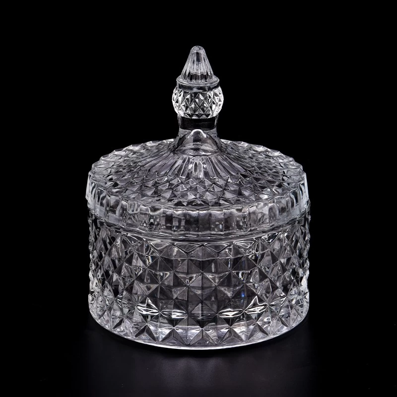 Newly design diamond effect  8oz glass candle vessel with handle for wholesale