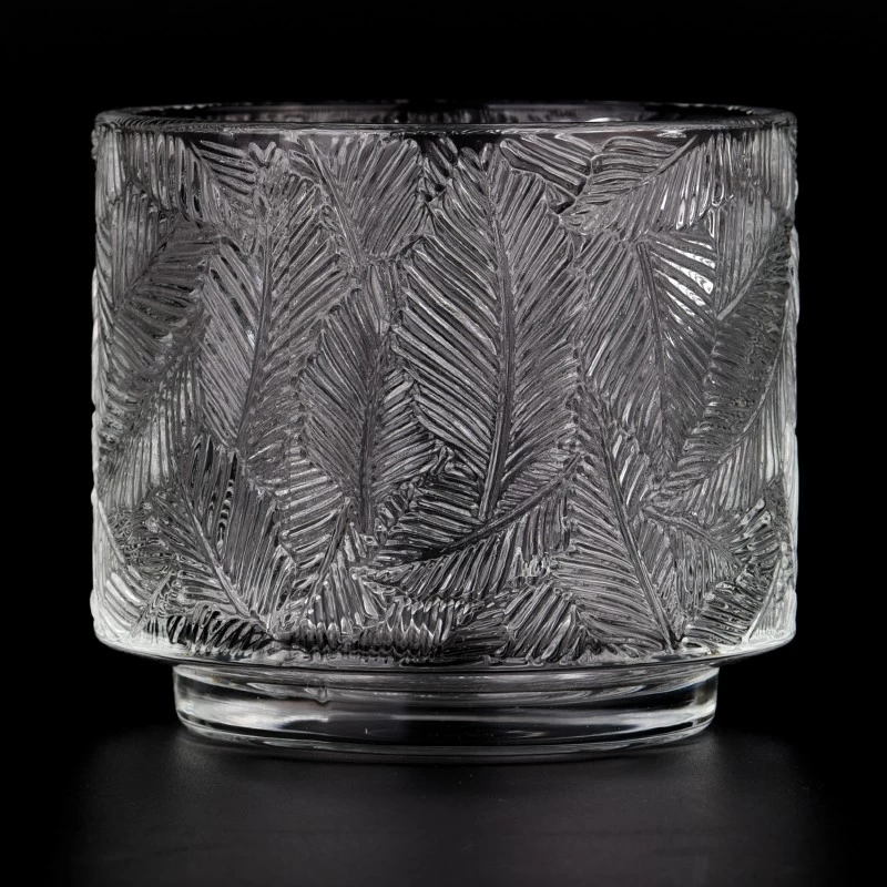 Luxury leaf shape patterns clear glass candle jar for home deco