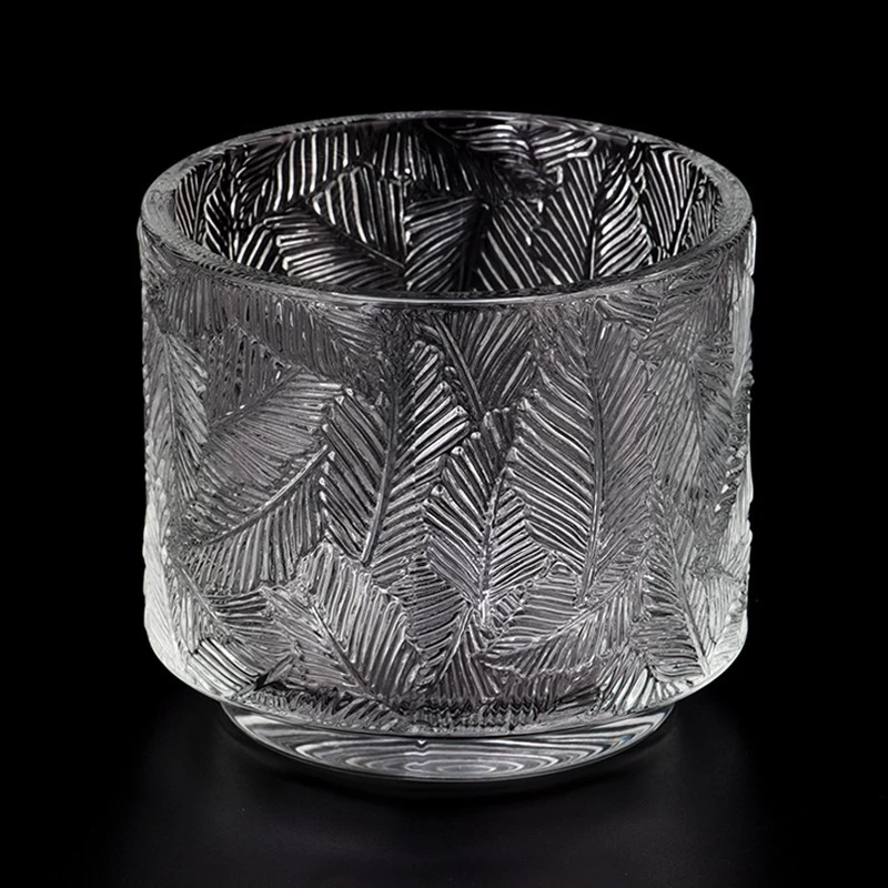 Luxury leaf shape patterns clear glass candle jar for home deco