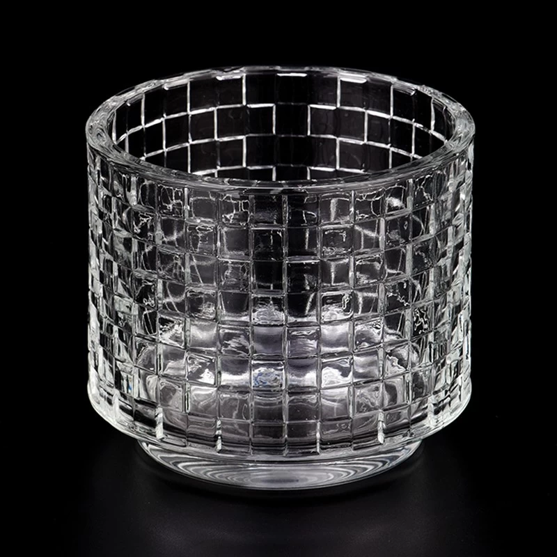 Newly design 10oz step glass candle holder with city wall pattern for home deco