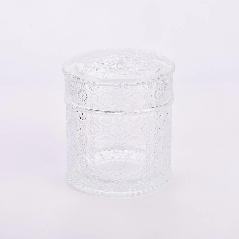 popular size glass embossed glass candle container with lid 