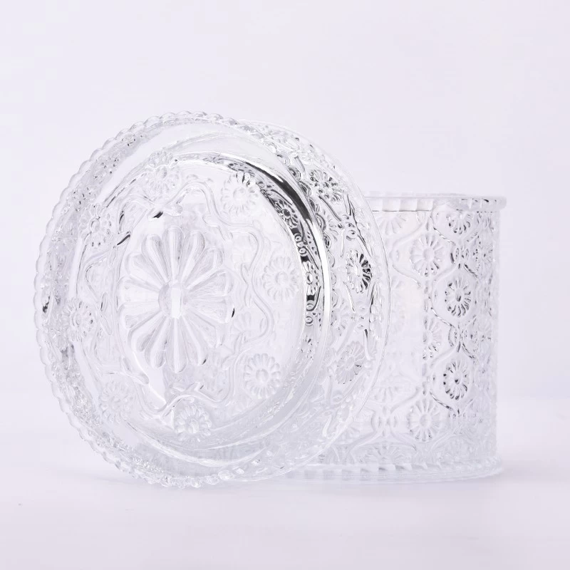 popular size glass embossed glass candle container with lid