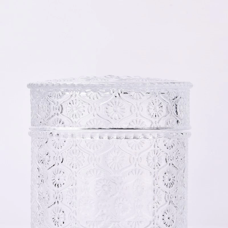 popular size glass embossed glass candle container with lid 
