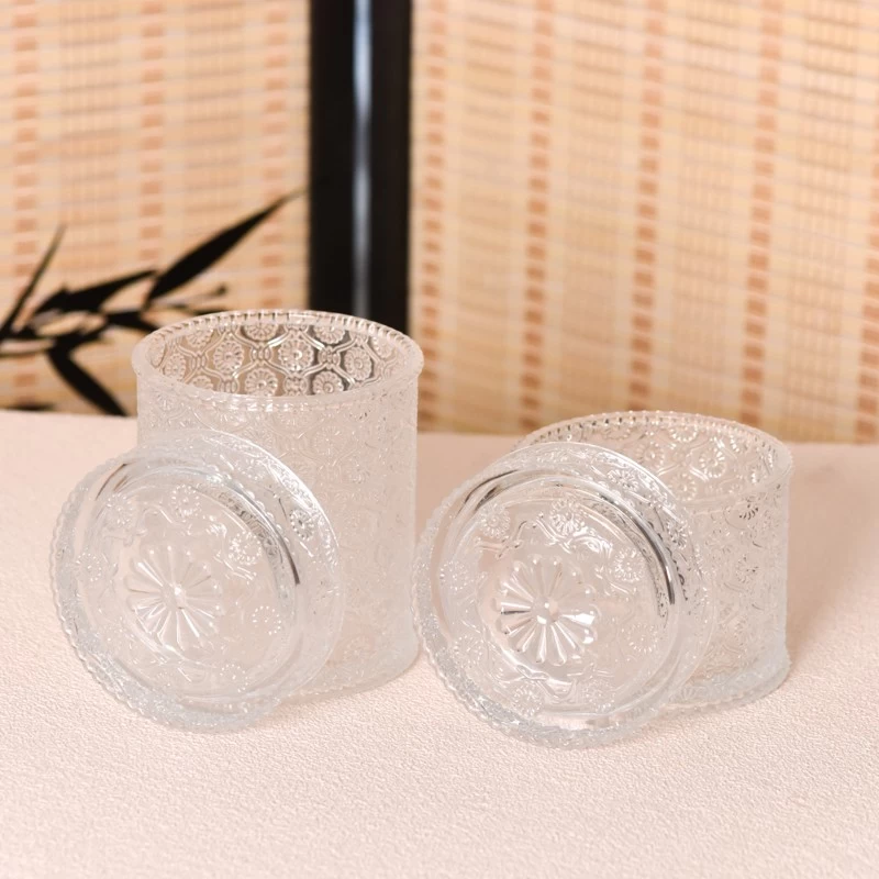 Wholesale suppliers 16oz glass candle jar with lid flower pattern