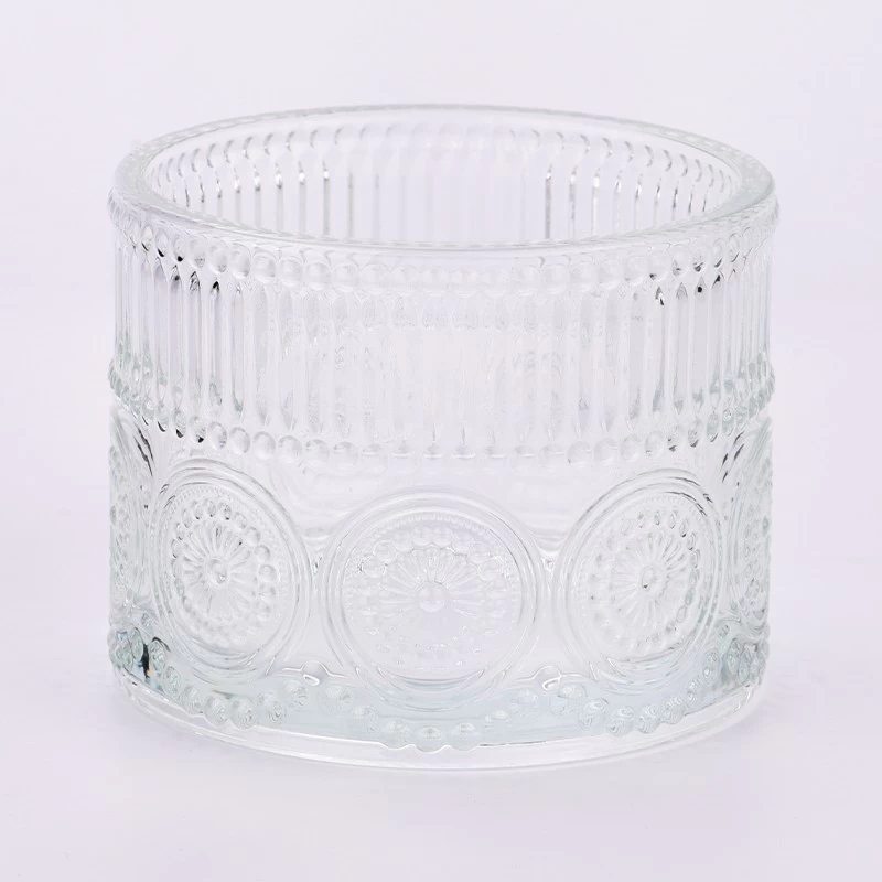 الصين جرة شمعة زجاجية شفافة بالجملة فارغة مع شعار منقوش بكميات كبيرة الصانع