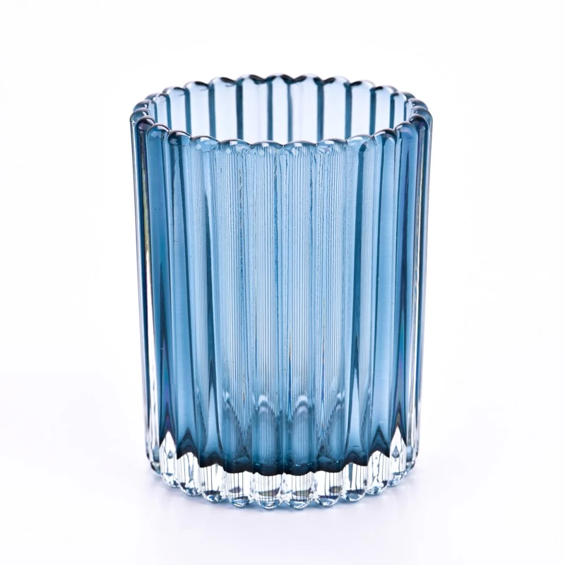 Popular 300ml transparent blue on vertical line glass candle for supplie