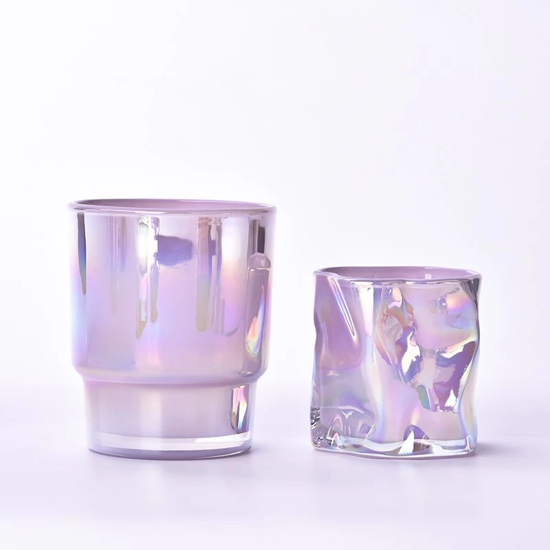 New step glass candle jars with iridescent color for wholesale 