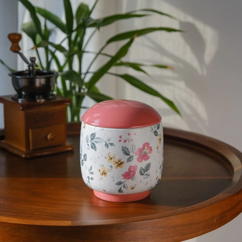 luxury pink printing artwork ceramic candle jar with lid 