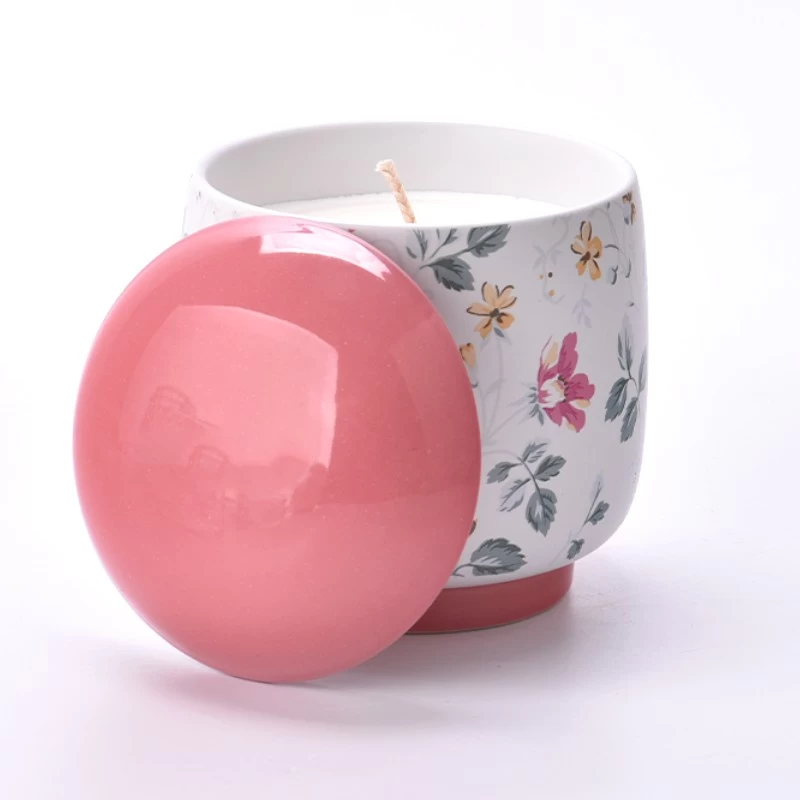 China luxury pink printing artwork ceramic candle jar with lid manufacturer