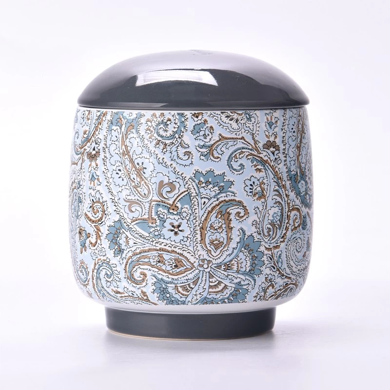 China hot sales decal printing artwork ceramic candle jar with lid manufacturer