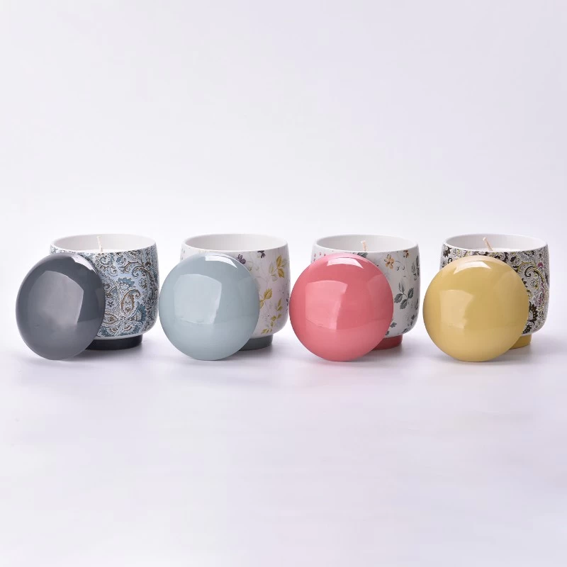 Flower pattern ceramic candle jars with lids ceramic vessels 