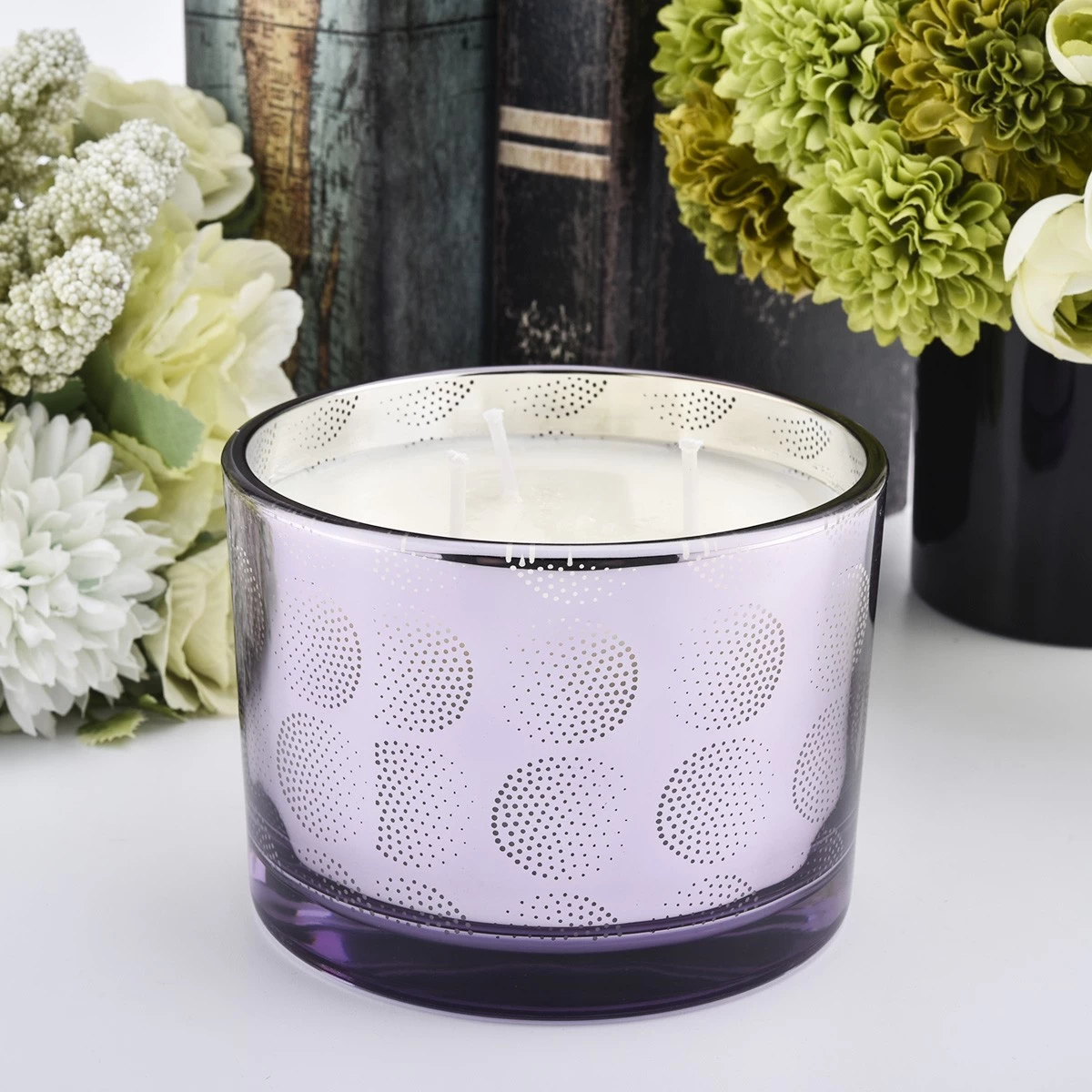 Custom Laser Pattern Glass Candle Vessels Three Wicks Glass Candle Holders
