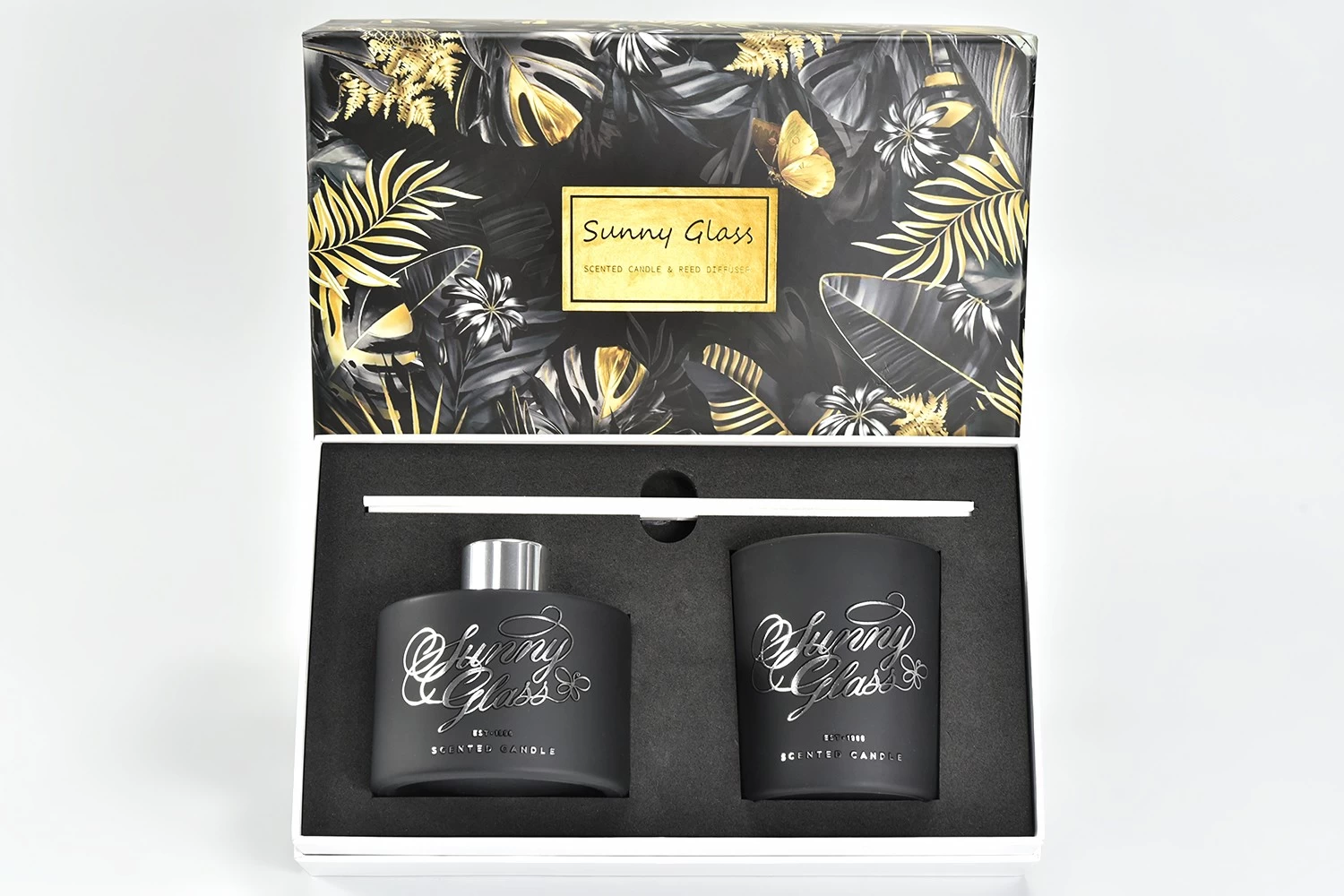 Custom Gift Set Black Glass Candle Holders with Black Glass Diffuser Bottle