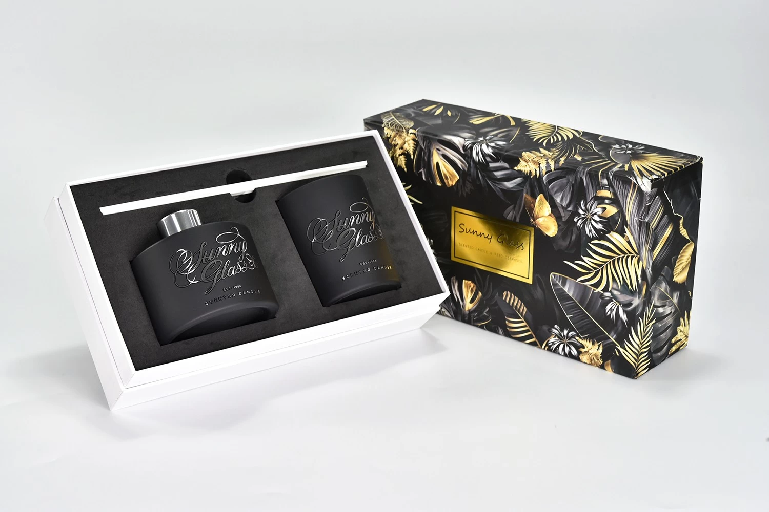 Custom Gift Set Black Glass Candle Holders with Black Glass Diffuser Bottle
