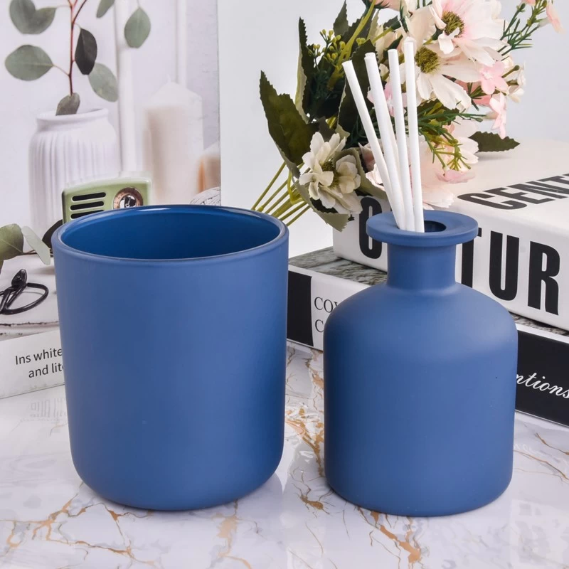 Wholesale blue frosted glass candle jar diffuser bottle for home decoration