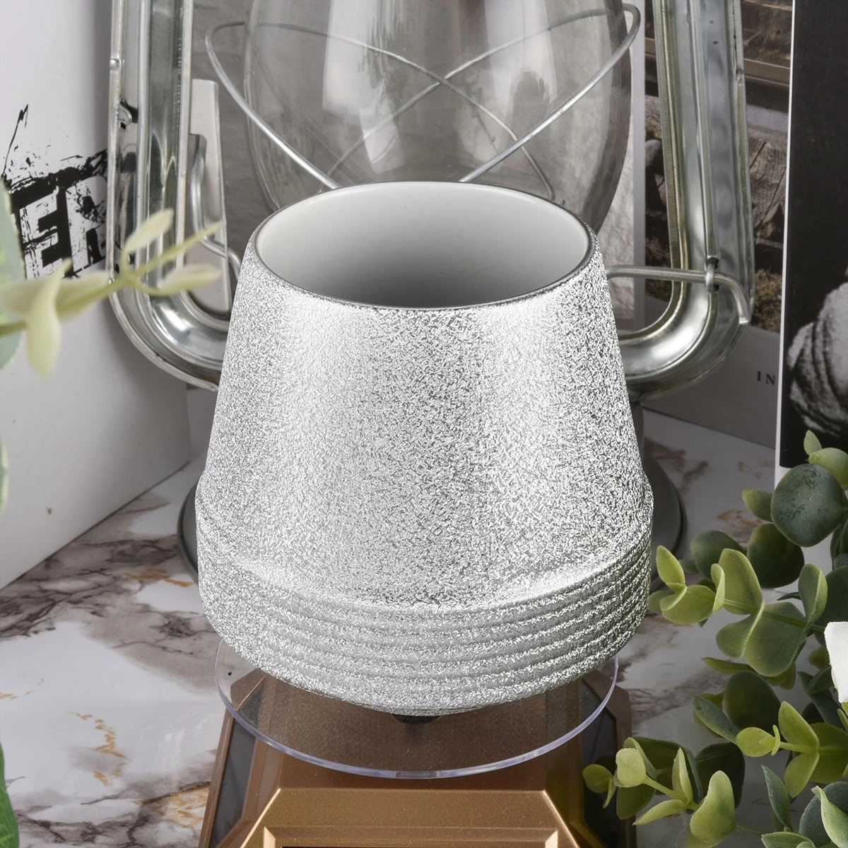 Silver Ceramic Candle Vessels For Christmas Decoration