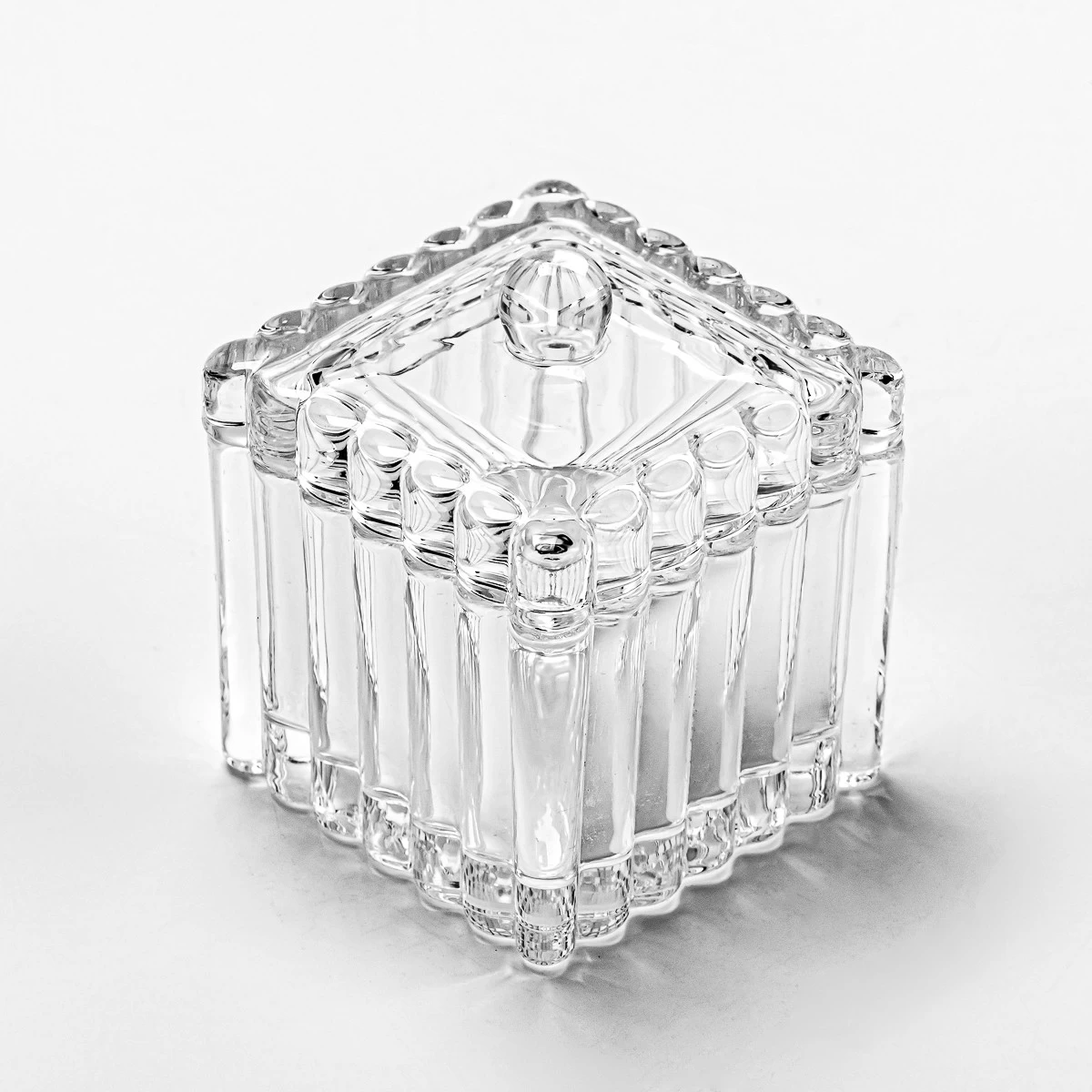 China Supplier 110ml square ribbed glass candle jar with glass lid & glass handle manufacturer