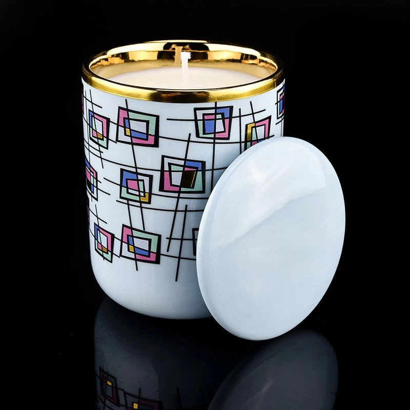 luxury artwork printing blue ceramic candle jar