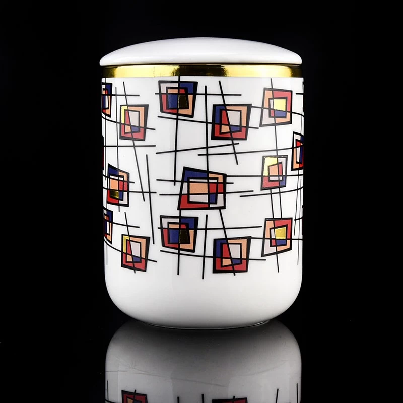home decor white ceramic candle jar with lid with artwork printing