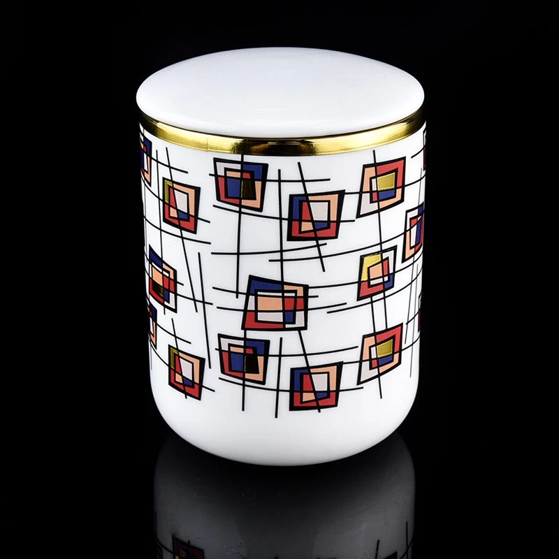 home decor white ceramic candle jar with lid with artwork printing