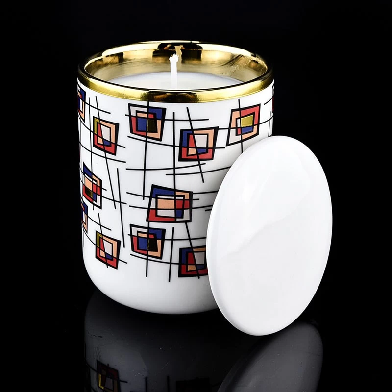 home decor white ceramic candle jar with lid with artwork printing