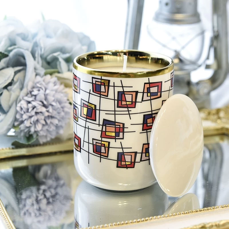home decor white ceramic candle jar with lid with artwork printing