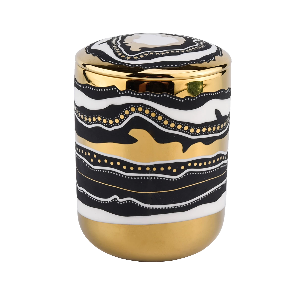 black and gold artwork ceramic candle jar