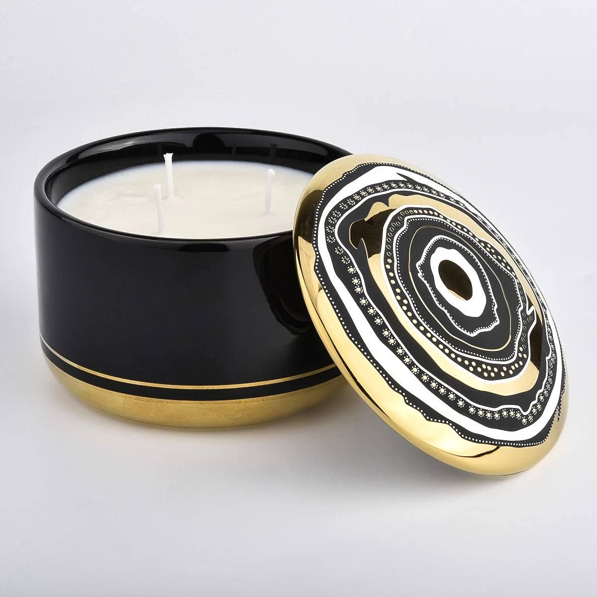 luxury black ceramic candle bowl with artwork lid