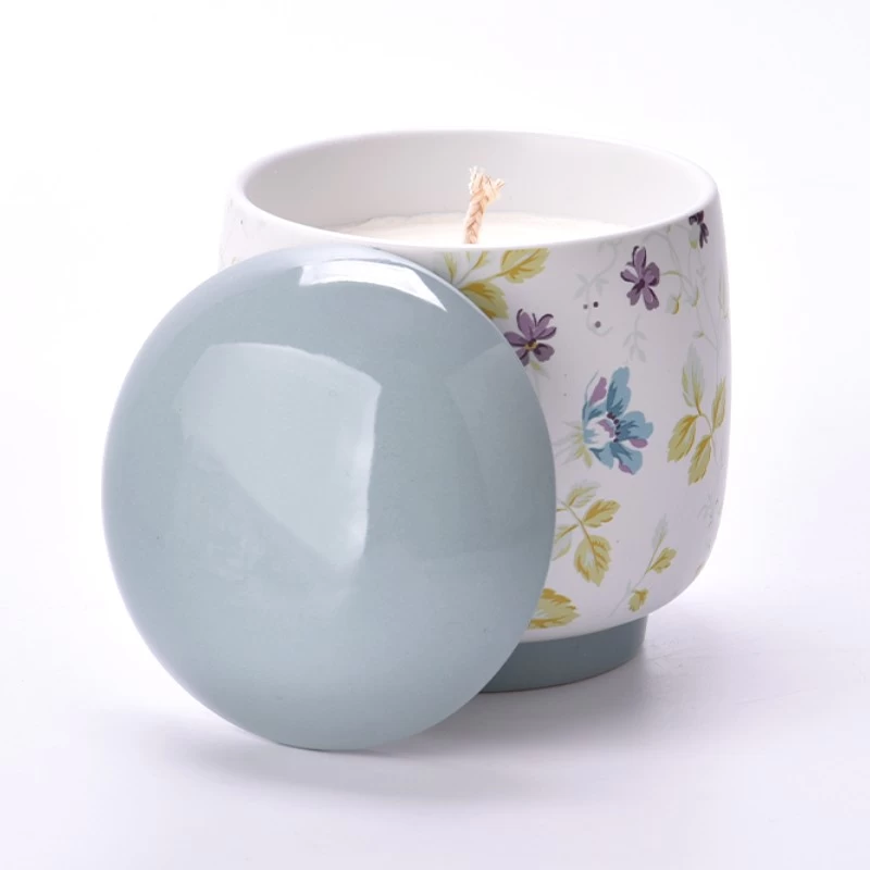 Wholesale 5oz 6oz 8oz 10oz 12oz Beautiful Printing Ceramic Candle Vessel With Lids