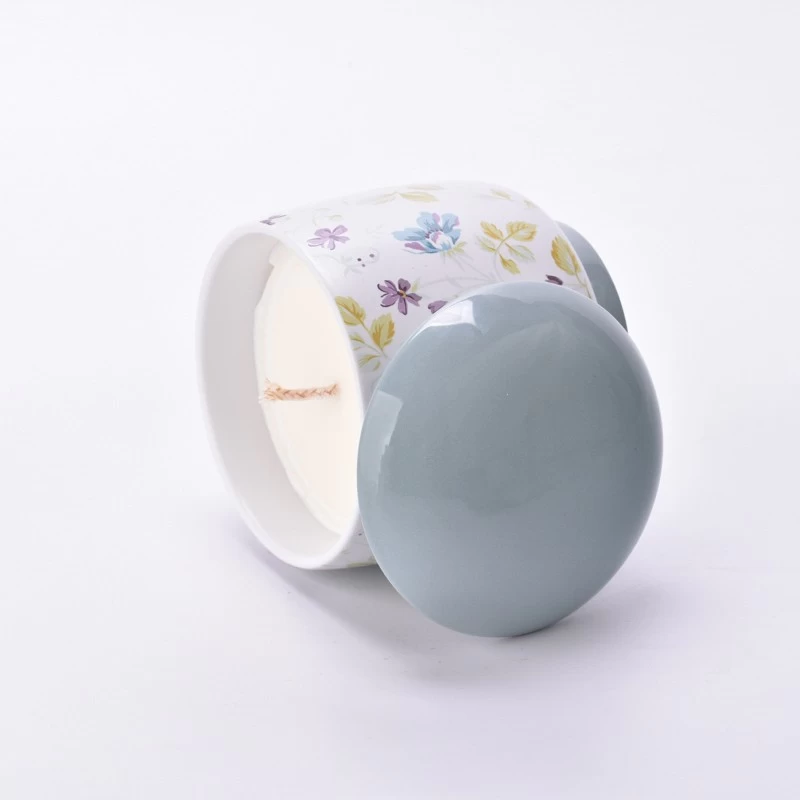 Wholesale 5oz 6oz 8oz 10oz 12oz Beautiful Printing Ceramic Candle Vessel With Lids