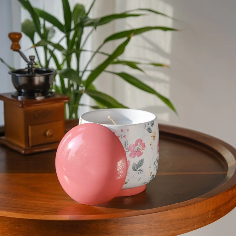 Spring Floral Ceramic Candle Jar With Lids Custom Ceramic Candle Containers
