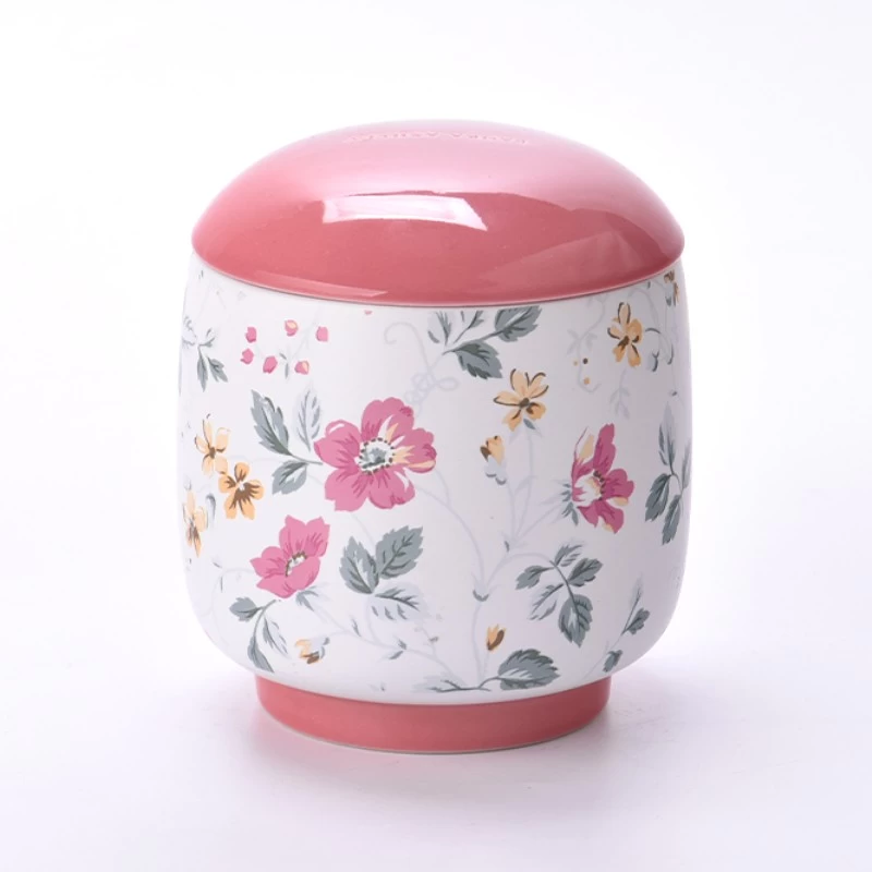 Spring Floral Ceramic Candle Jar With Lids Custom Ceramic Candle Containers