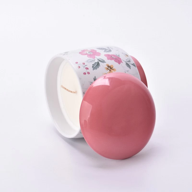 Spring Floral Ceramic Candle Jar With Lids Custom Ceramic Candle Containers
