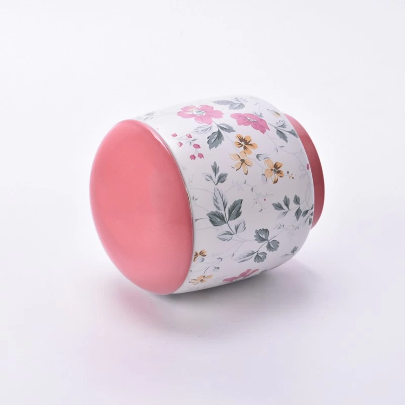 Spring Floral Ceramic Candle Jar With Lids Custom Ceramic Candle Containers