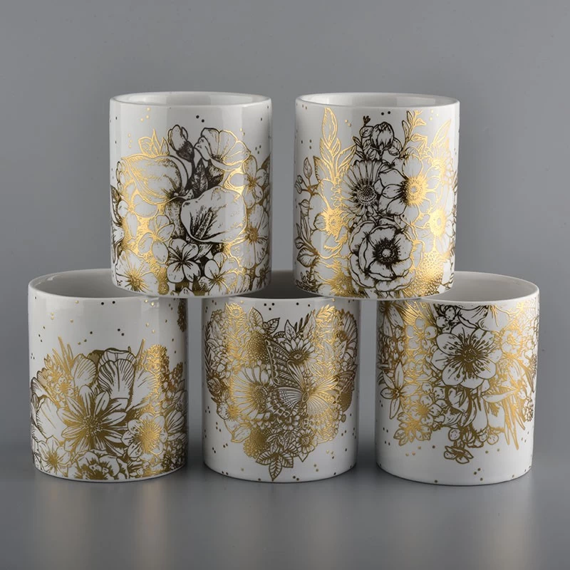 11oz white and gold color ceramic candle jar